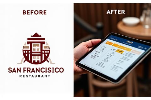 Case study featuring a San Francisco restaurant's brand overhaul, showing old vs new logo, menu design, and website interface leading to increased bookings.