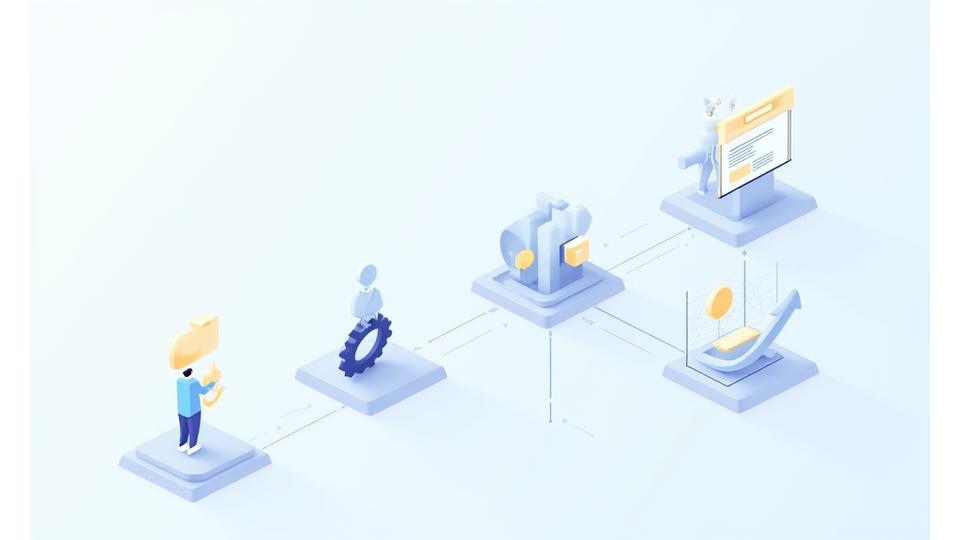 Illustration of a design process workflow, depicting stages like user research, strategy, visual identity creation, UI/UX design, prototyping, and testing, with connecting arrows.
