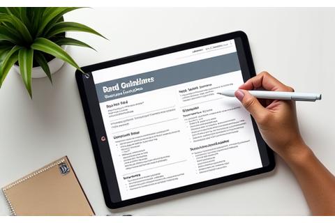 Open brand guideline document on a tablet showing brand voice, tone, and messaging examples, with a designer taking notes.