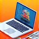 Iconographic representation for creative arts: a palette and paintbrush, beside a sleek online portfolio on a laptop.