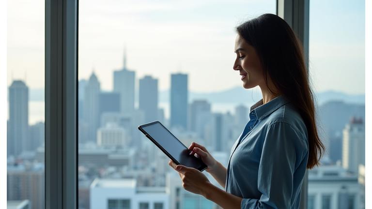 Woman interactively editing website content on a modern tablet with an intuitive CMS interface