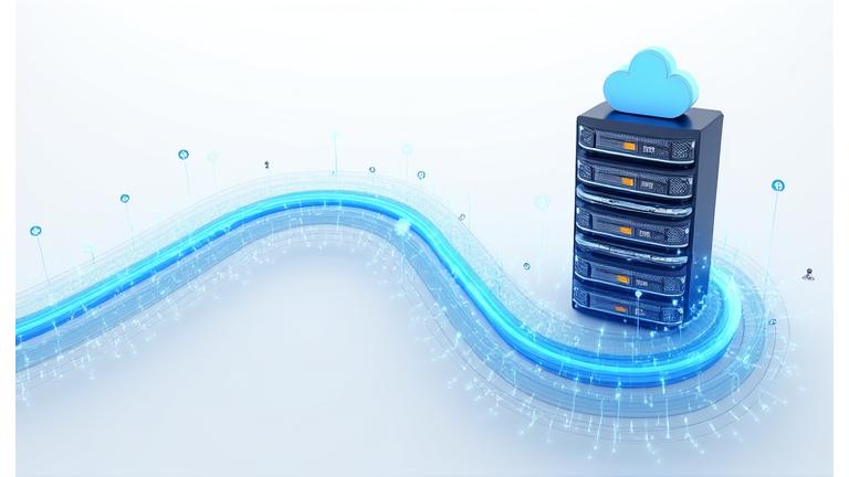 Digital data flowing seamlessly from an old server icon to a new, modern cloud icon, representing smooth CMS migration