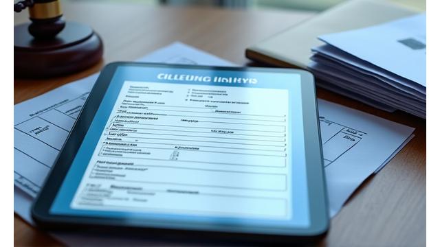 Digital form for a personal injury claim on a screen, with a legal handbook nearby