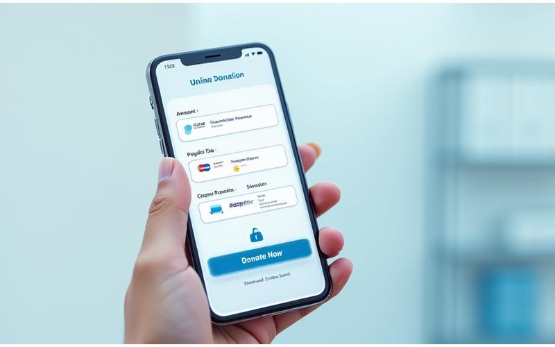 Mockup of a mobile-friendly online donation form showing various payment options like credit card, PayPal, and Apple Pay.