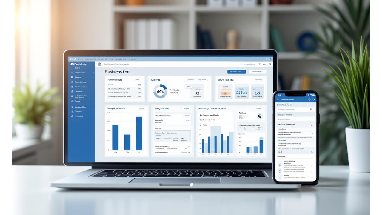 A user-friendly business dashboard for creatives on a laptop screen, showing integrated tools for scheduling, contract management, invoicing, and client communication. Data analytics are visible on the side.