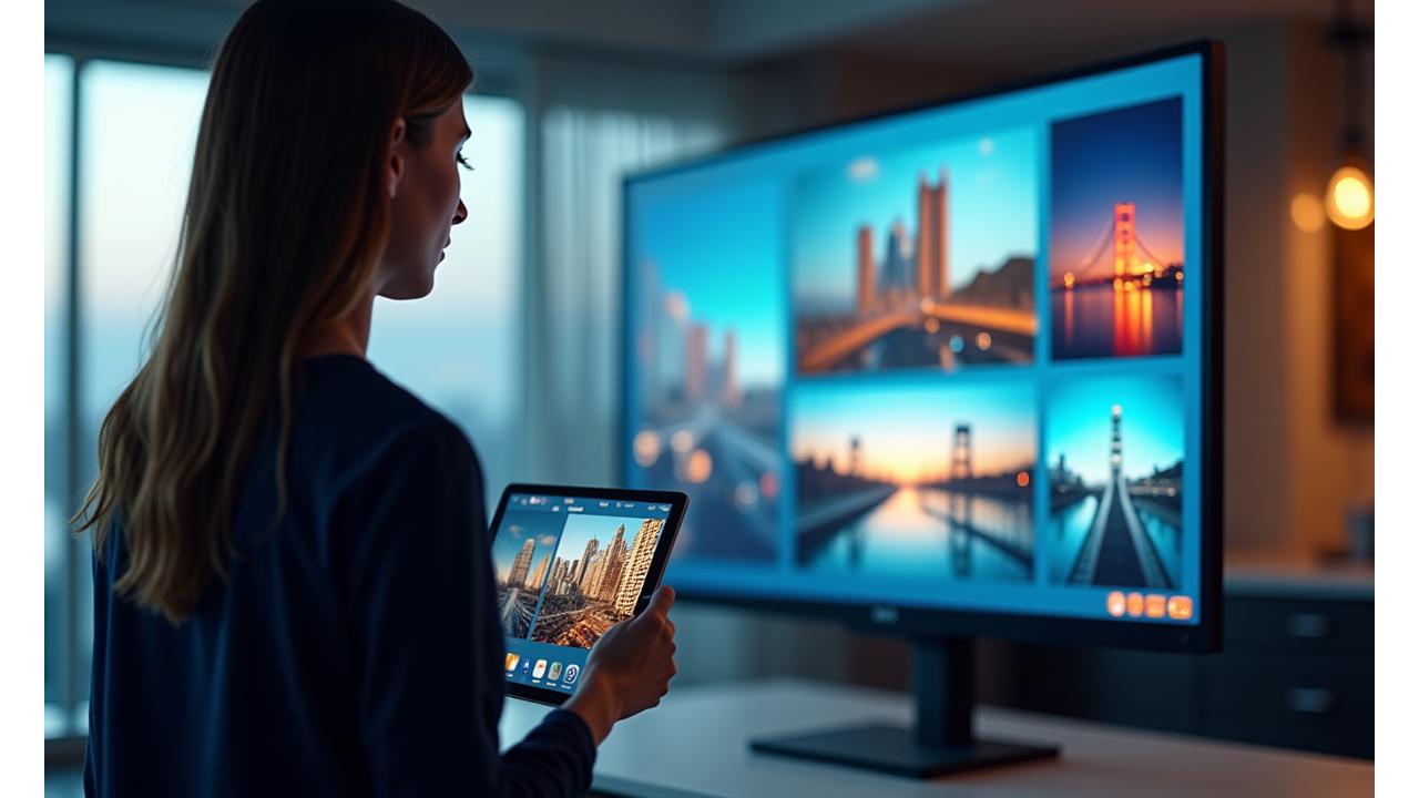 Immersive 3D gallery showcasing diverse creative portfolio examples, from vibrant photography to detailed digital art, emphasizing high-resolution display and smooth transitions on a large screen.