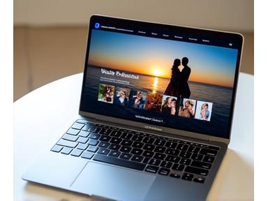 A wedding photographer's website layout, showcasing elegant, high-resolution wedding photos with categorized galleries and easy navigation.