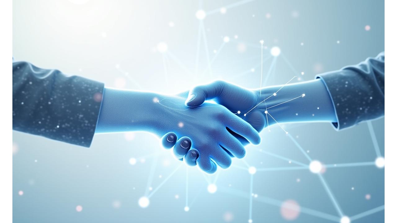 Digital handshake over a glowing network diagram representing agreement and trust in technology.